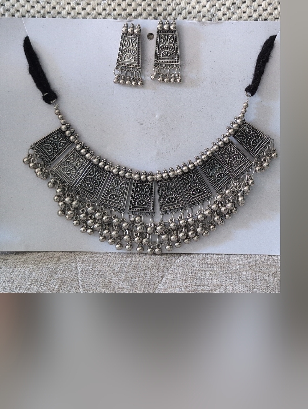 Source Unknown Oxidized Silver-Tone Tribal Panel Choker with Fringe Beads